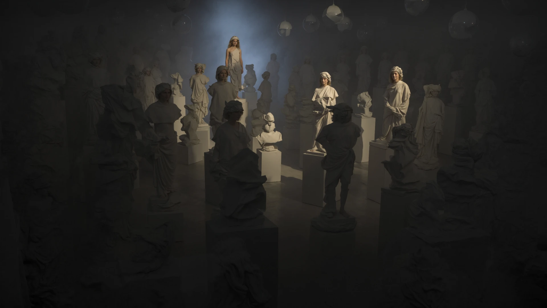 Dunkle Galerie voller Statuen, eine Figur wird blau angestrahlt