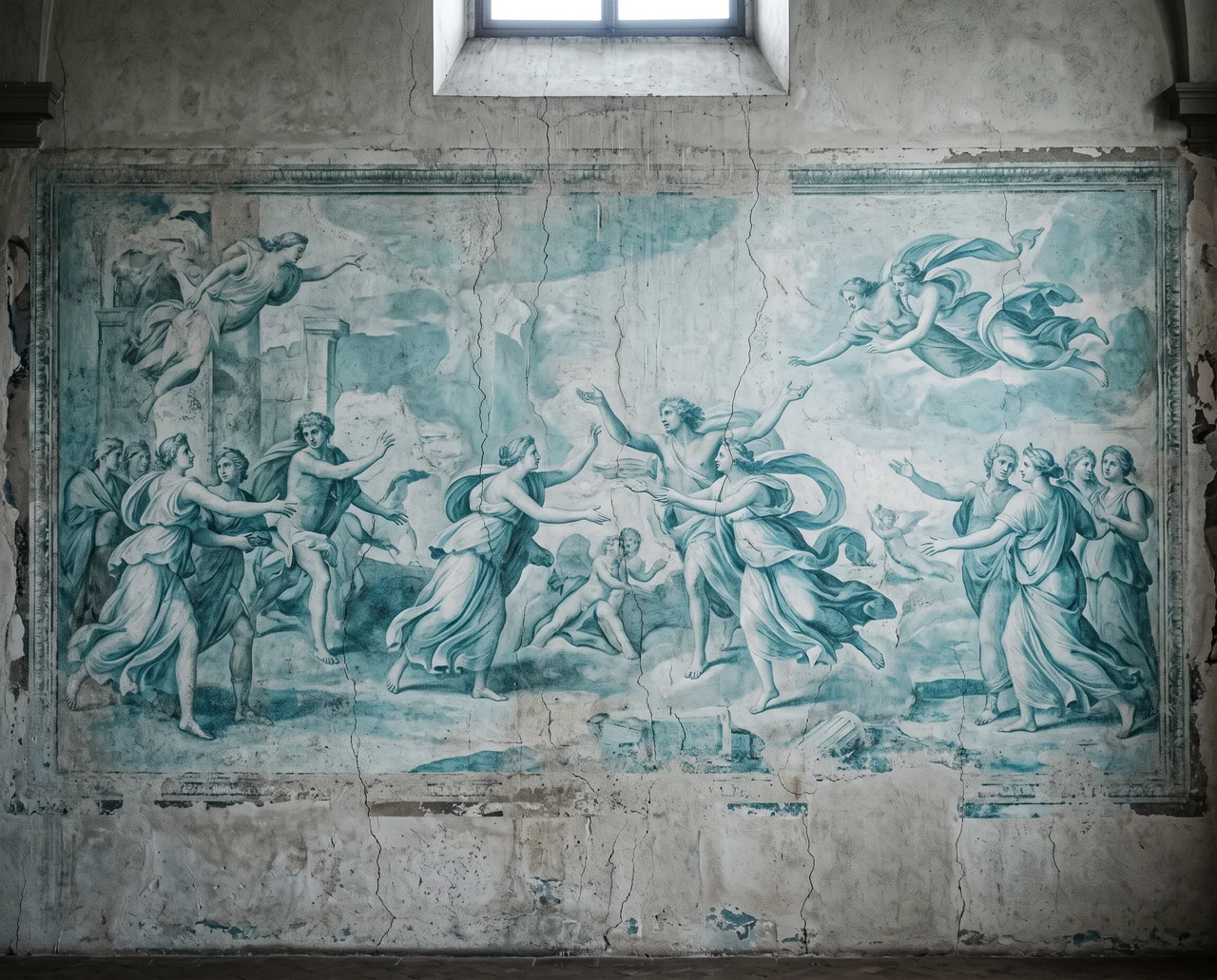 Historisches blaugrünes Fresko an einer verwitterten Wand mit tanzenden Figuren