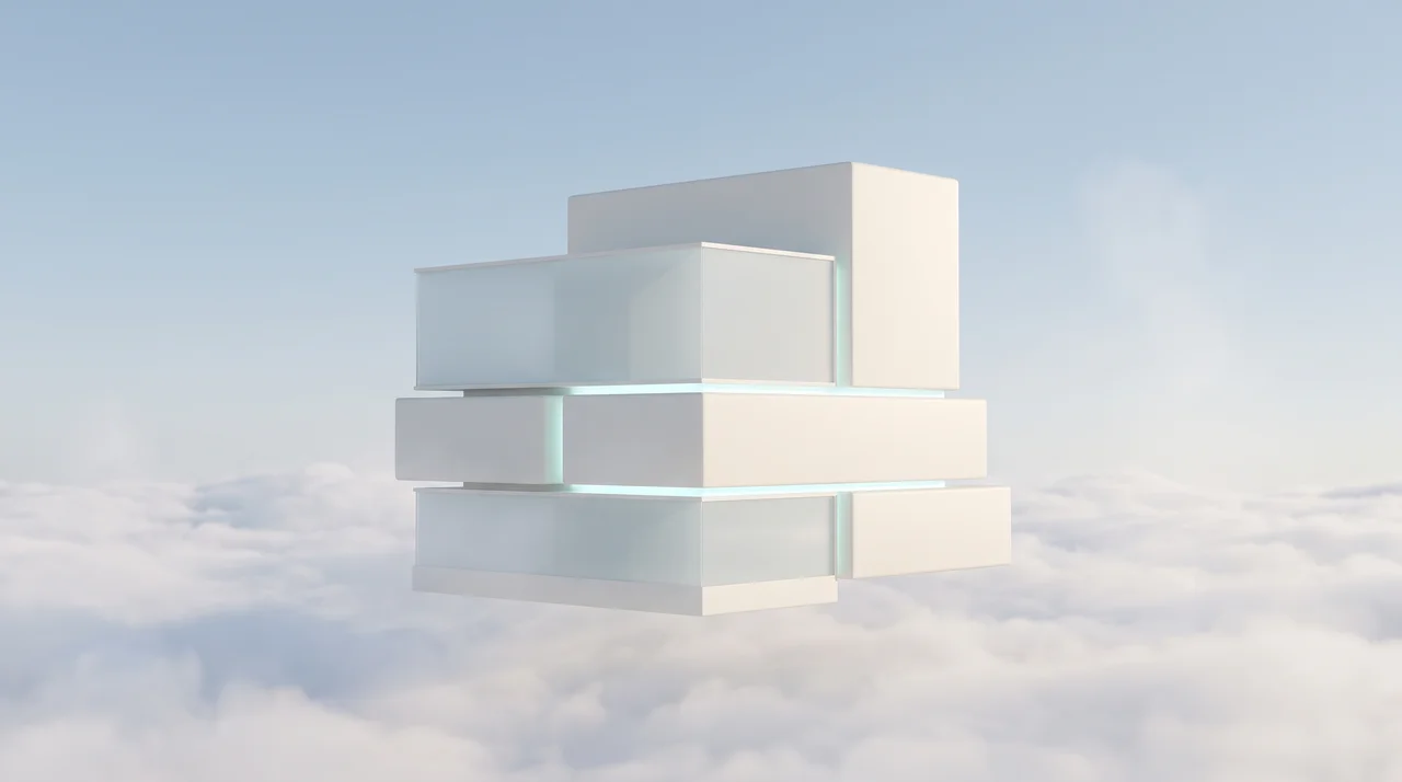 Schwebende weiße Architekturmodule mit Glasfugen über einer Wolkendecke