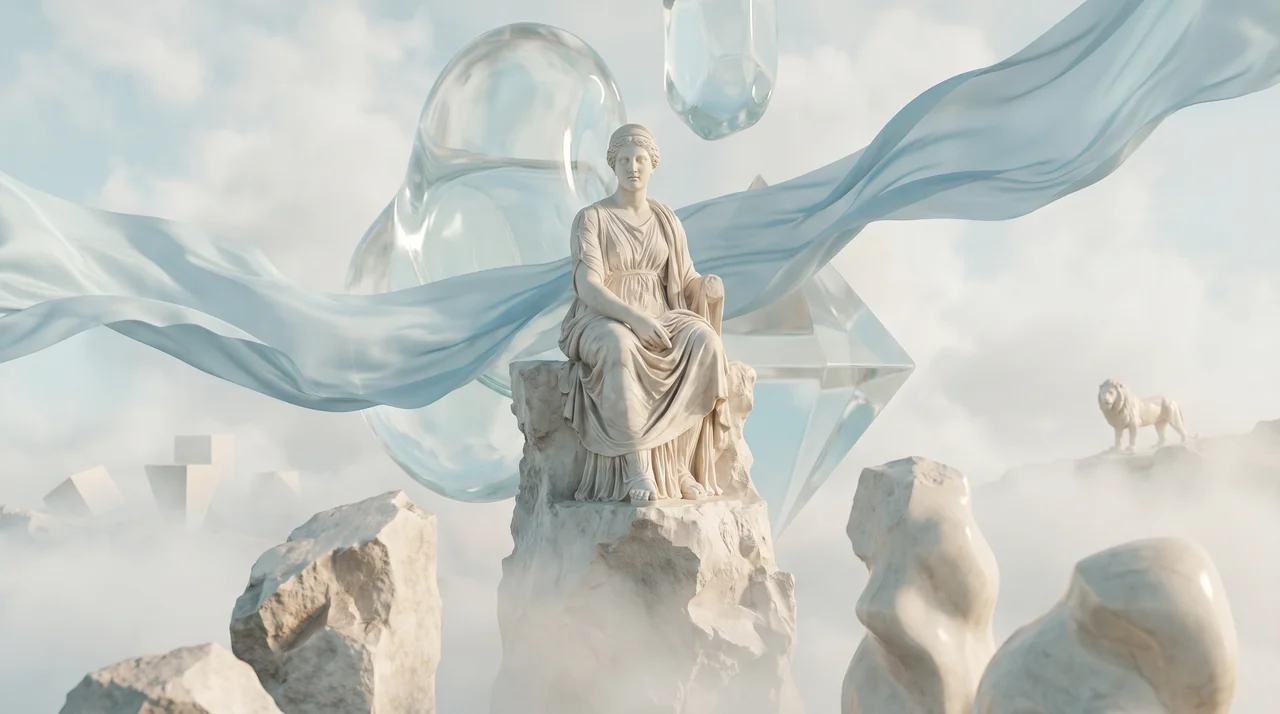 Sitzende Marmorfigur auf einem Felsen über Wolken, daneben Glasformen und ein Löwe