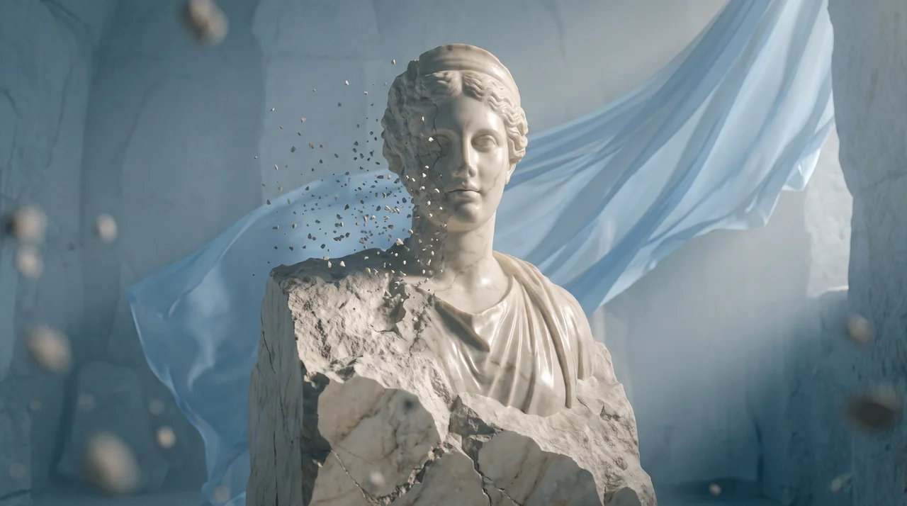 Statue in einem blauen Raum, deren Kante sich in fliegende Steinpartikel auflöst